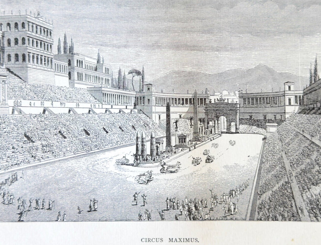 Black and white illustration of the Circus Maximus, an ancient Roman stadium.