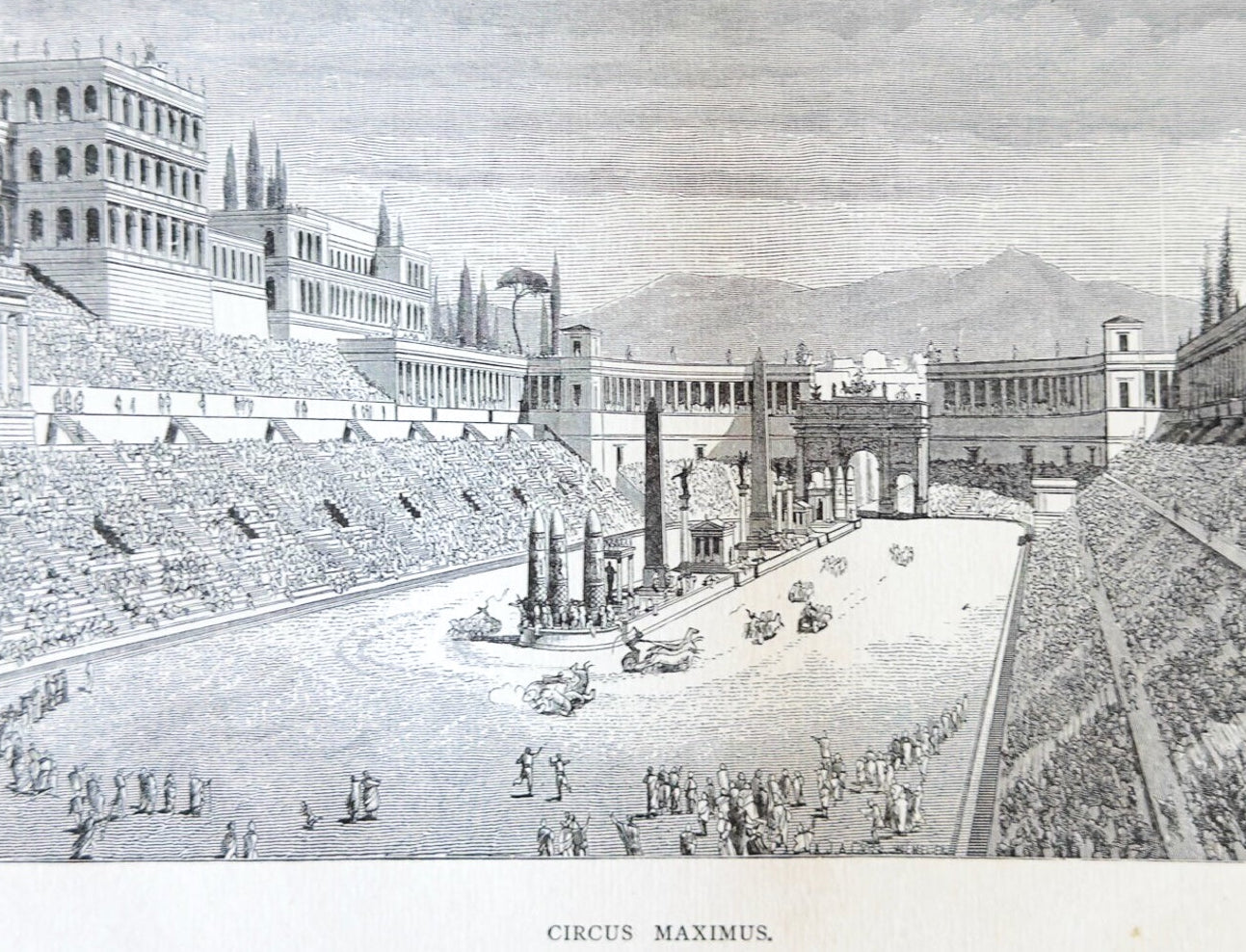 Black and white illustration of the Circus Maximus, an ancient Roman stadium.