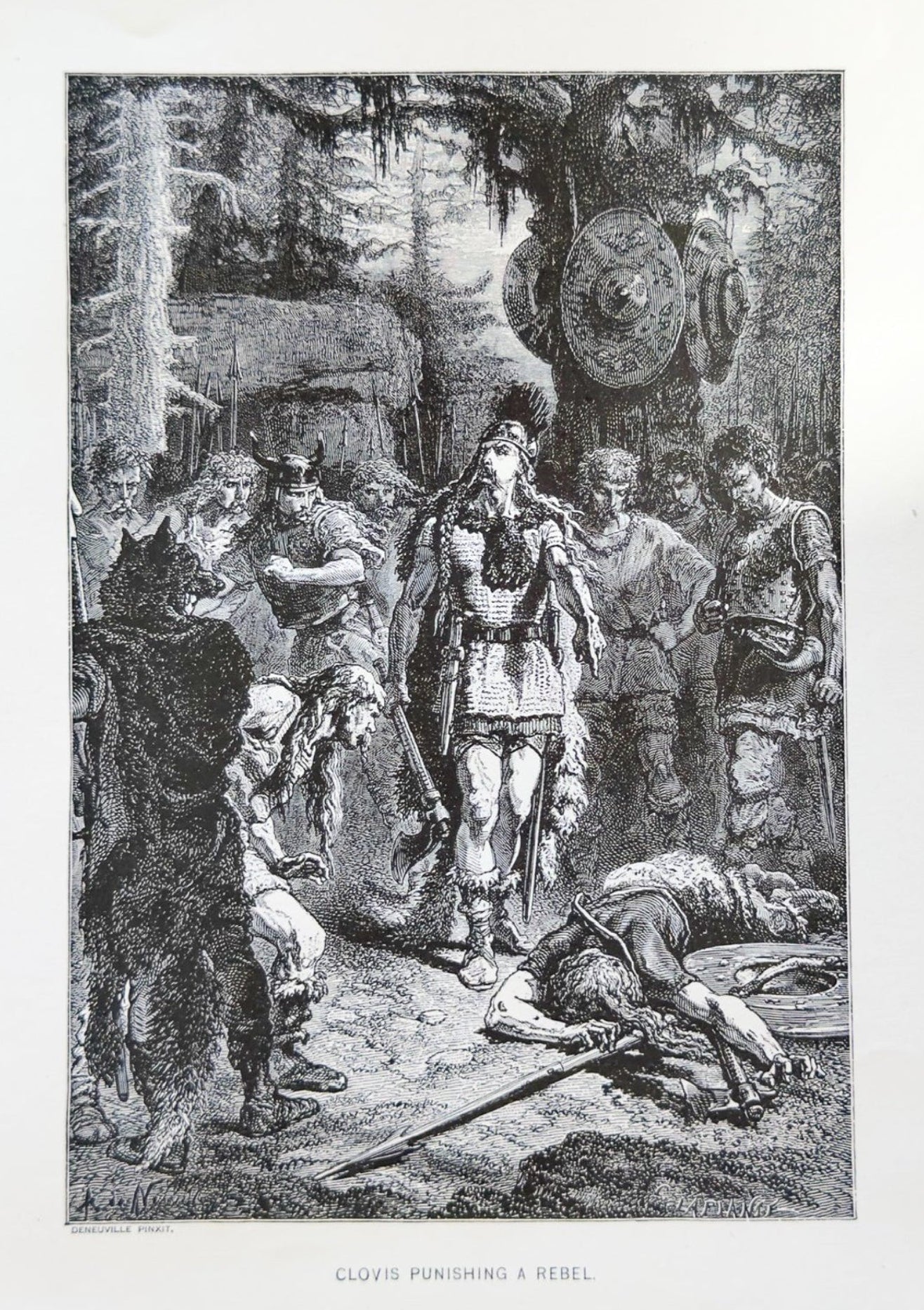 Vintage black and white illustration of a historical scene with figures in a forest setting.