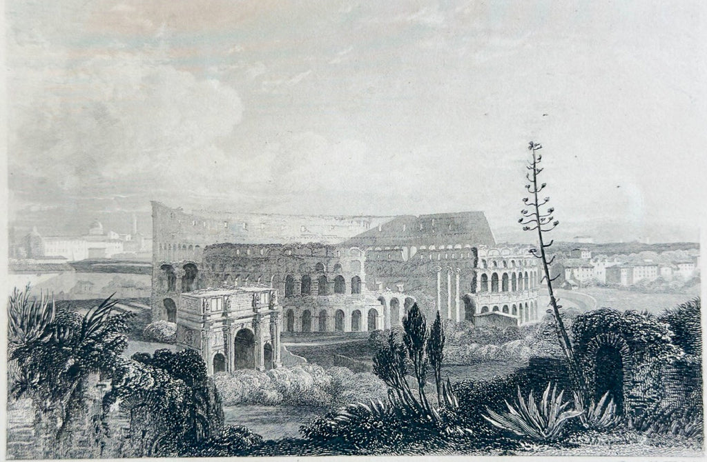 Vintage black and white print of a classical building with decorative elements, framed in a wooden border.