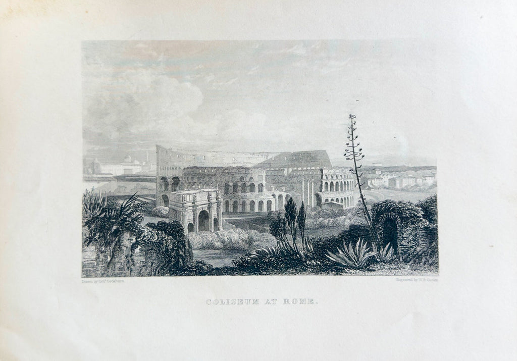 Vintage black and white print of a classical building with decorative elements, framed in a wooden border.