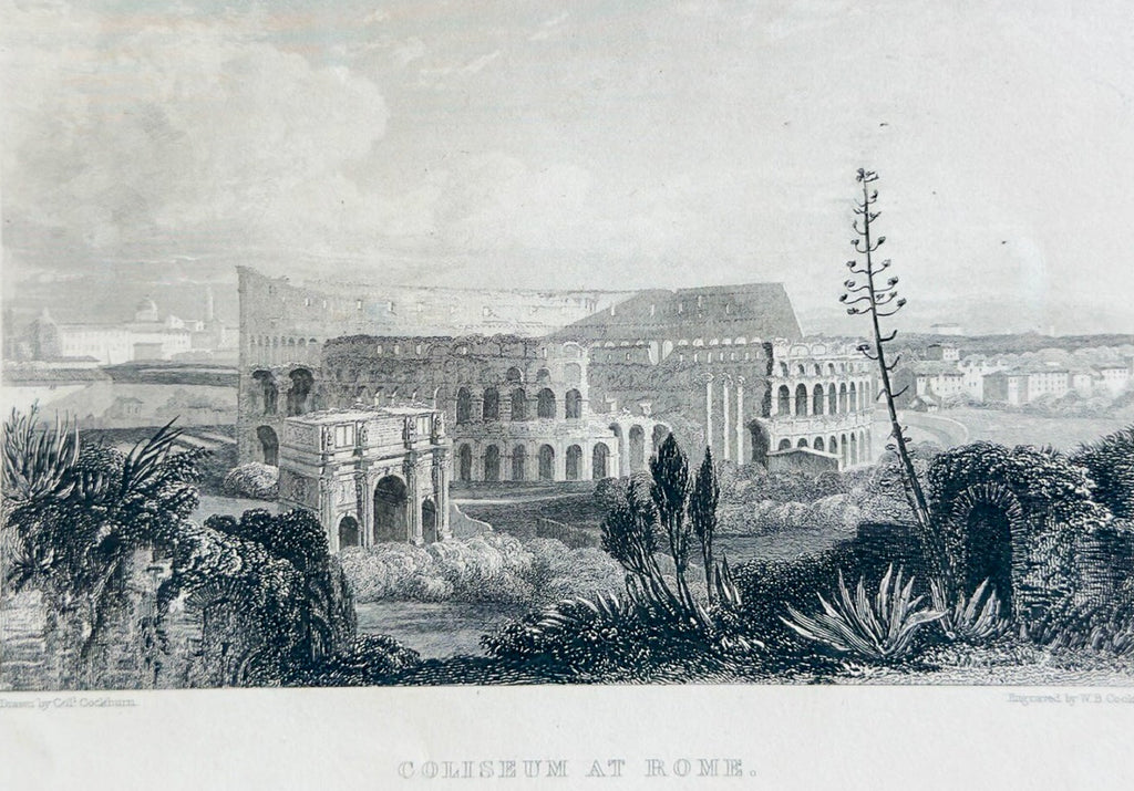 Vintage black and white print of a classical building with decorative elements, framed in a wooden border.