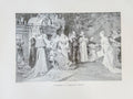 Black and white illustration of a scene at a palace with people in formal attire.