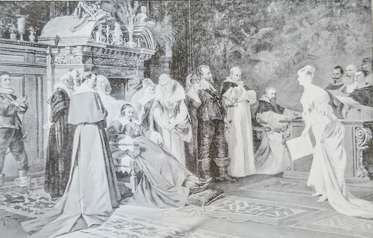 Black and white illustration of a scene at a palace with people in formal attire.
