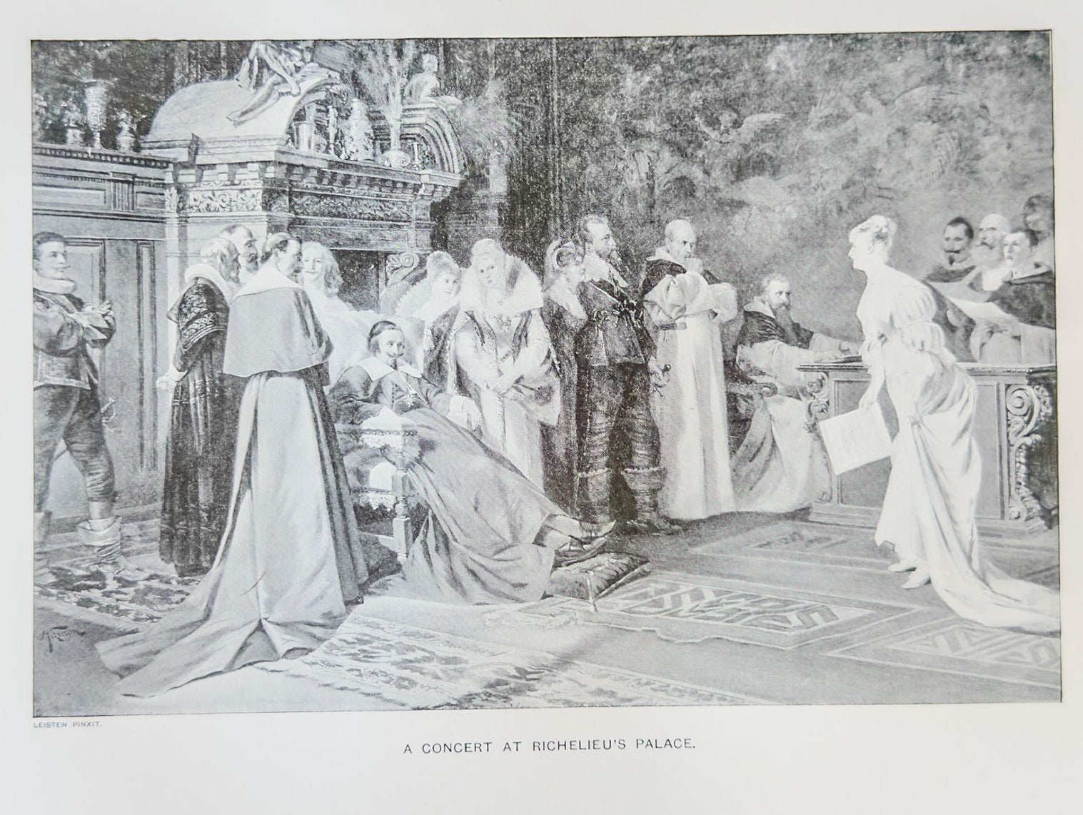 Black and white illustration of a scene at a palace with people in formal attire.