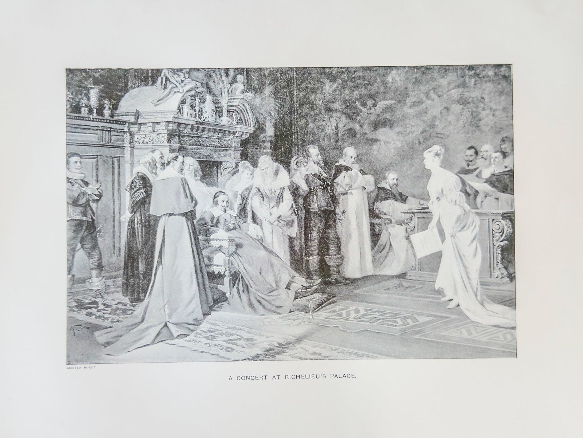 Black and white illustration of a scene at a palace with people in formal attire.