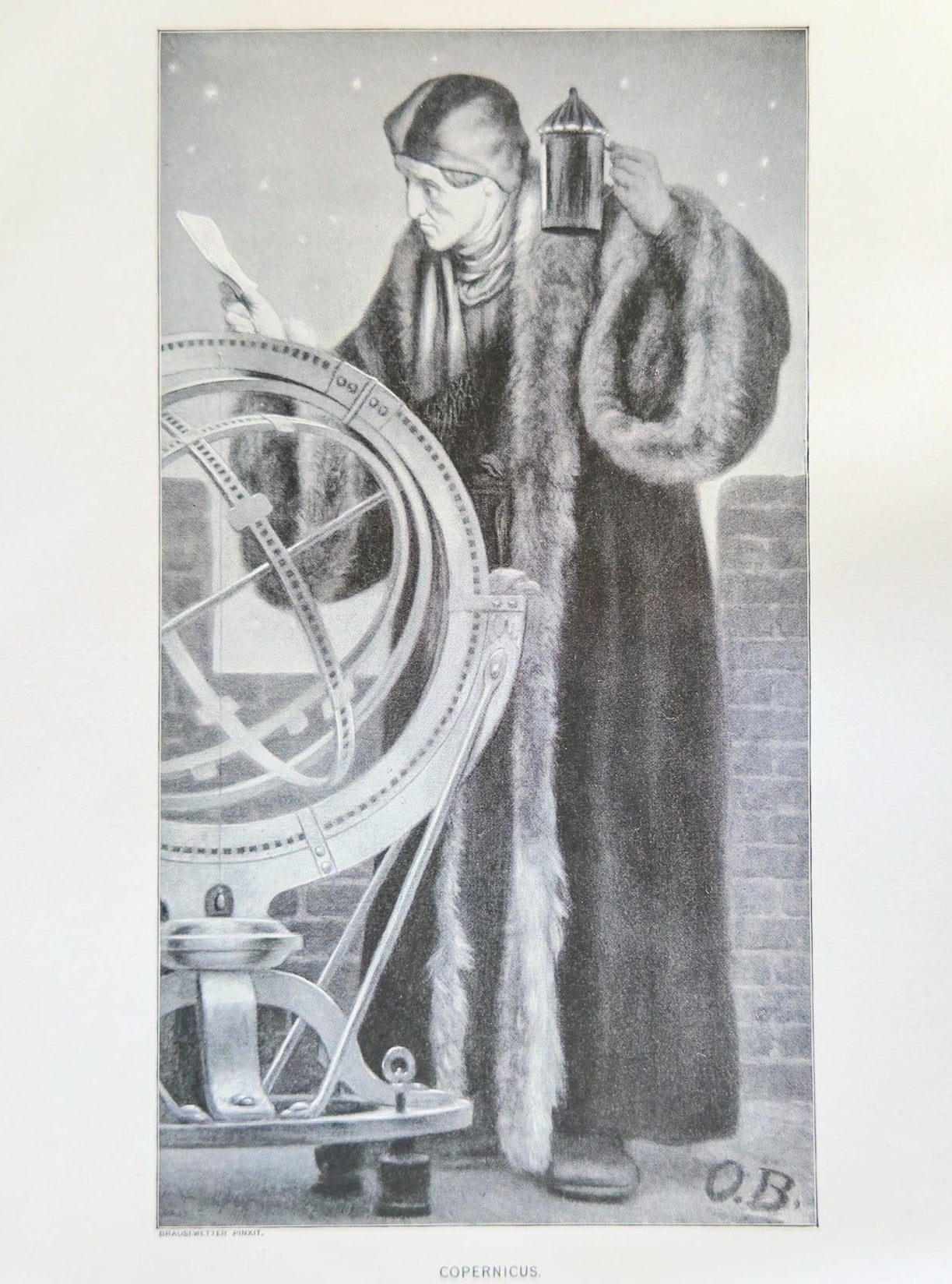 Illustration of a person in a long coat with a lantern, standing next to a large mechanical device.