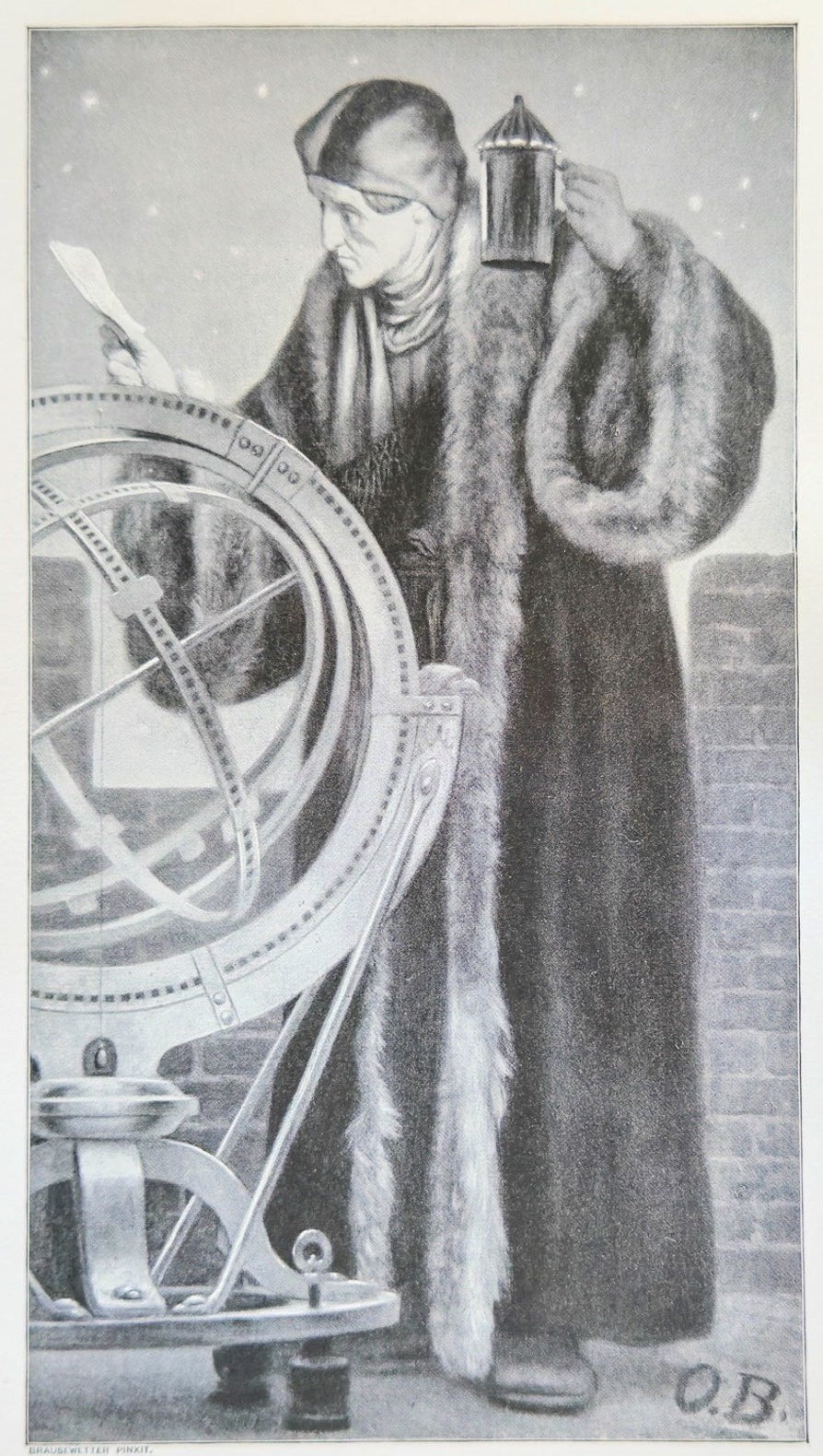 Illustration of a person in a long coat with a lantern, standing next to a large mechanical device.