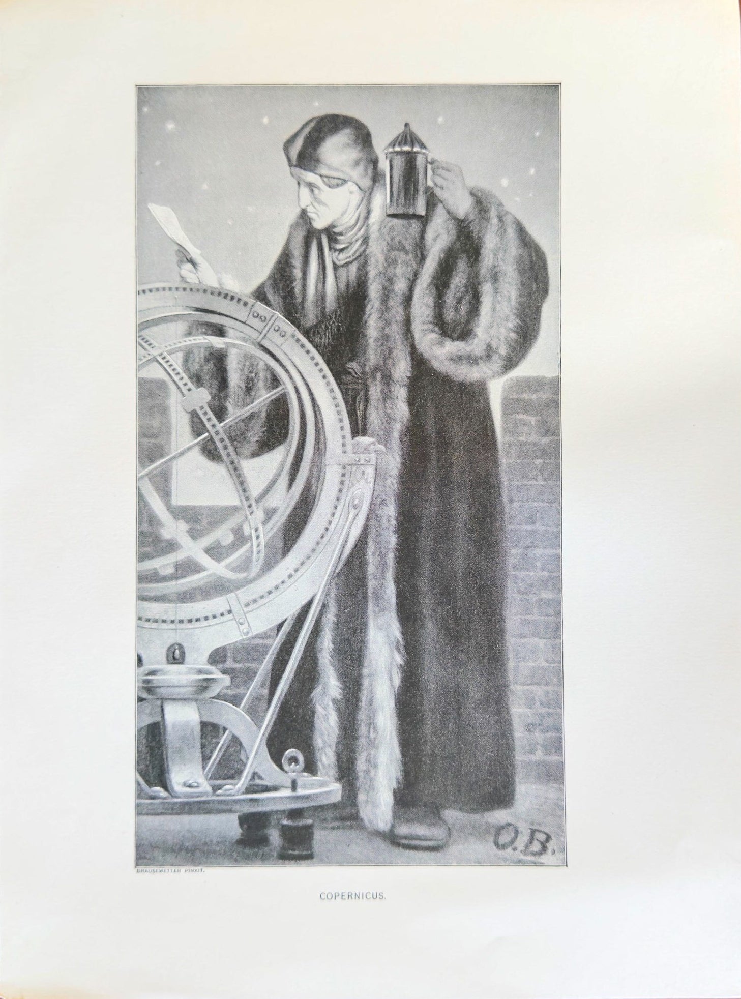 Illustration of a person in a long coat with a lantern, standing next to a large mechanical device.