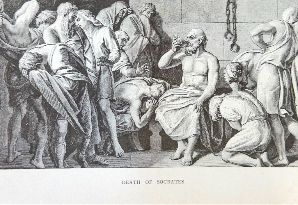 Illustration of the Death of Socrates with classical architecture in the background
