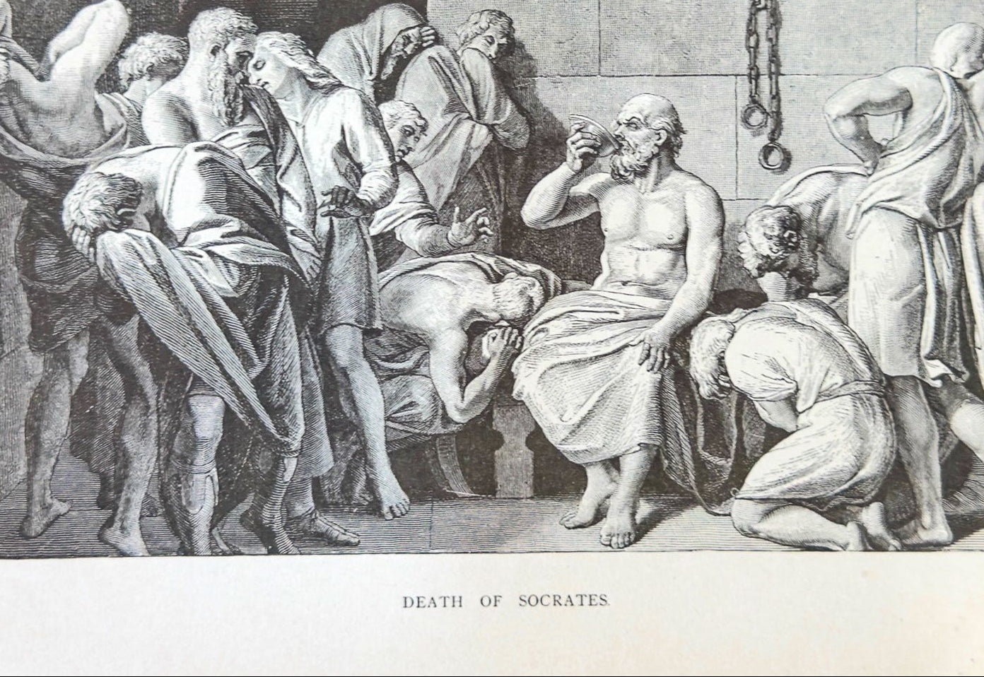 Illustration of the Death of Socrates with classical architecture in the background