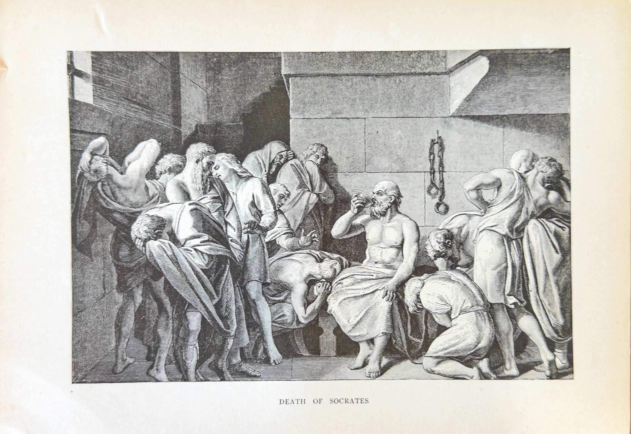 Illustration of the Death of Socrates with classical architecture in the background