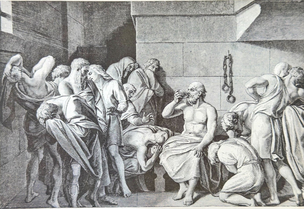 Illustration of the Death of Socrates with classical architecture in the background