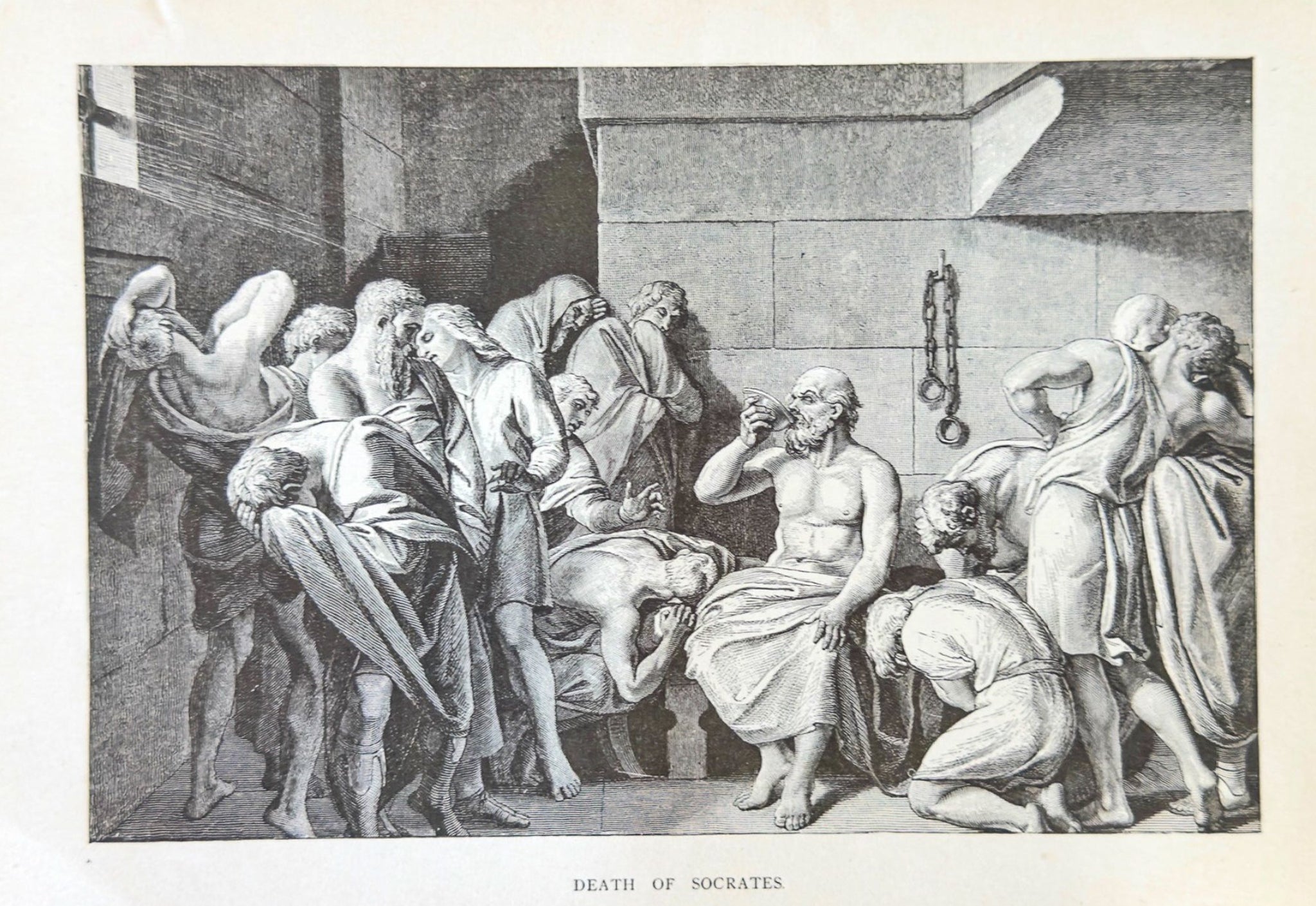 Illustration of the Death of Socrates with classical architecture in the background