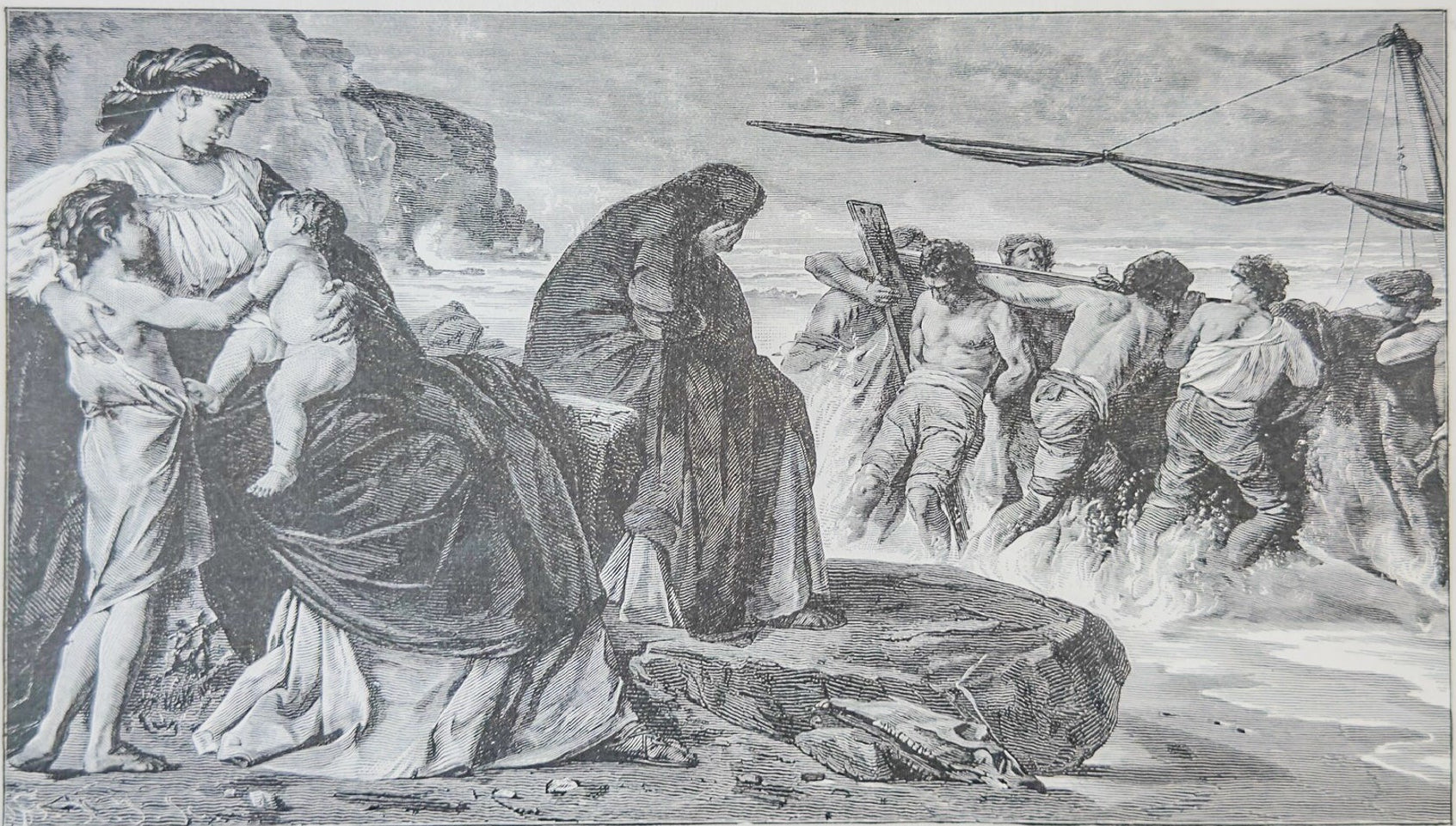 Vintage engraving of a historical scene with people and a ship.