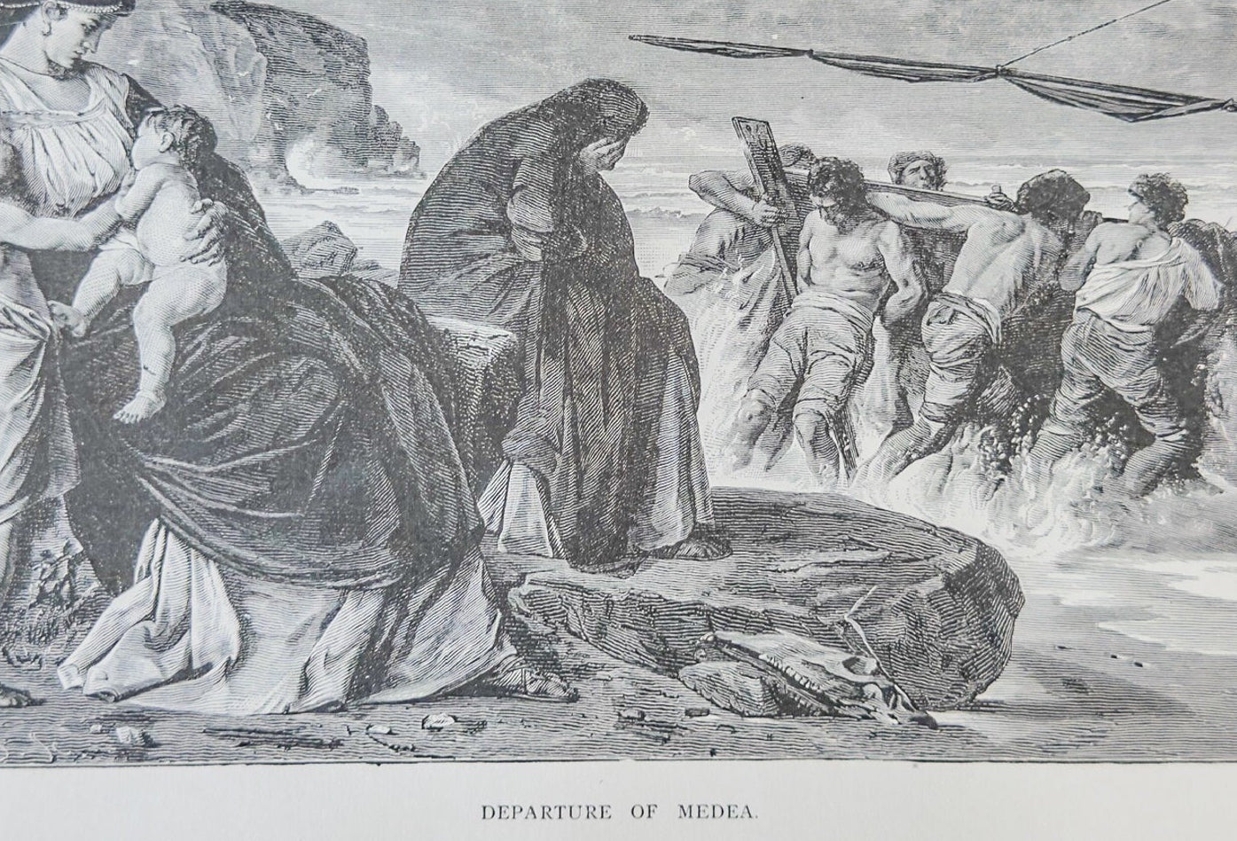 Vintage engraving of a historical scene with people and a ship.