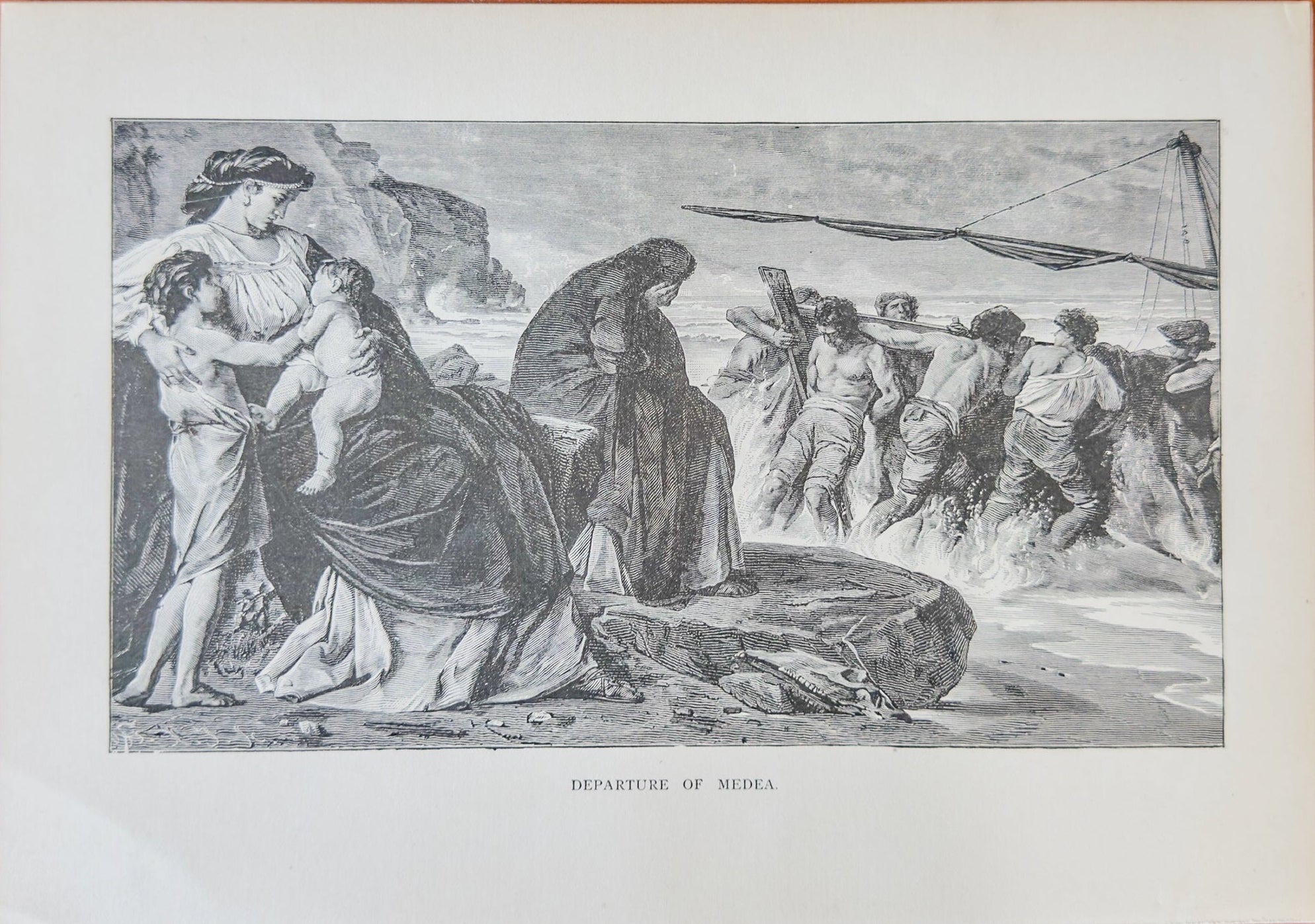 Vintage engraving of a historical scene with people and a ship.