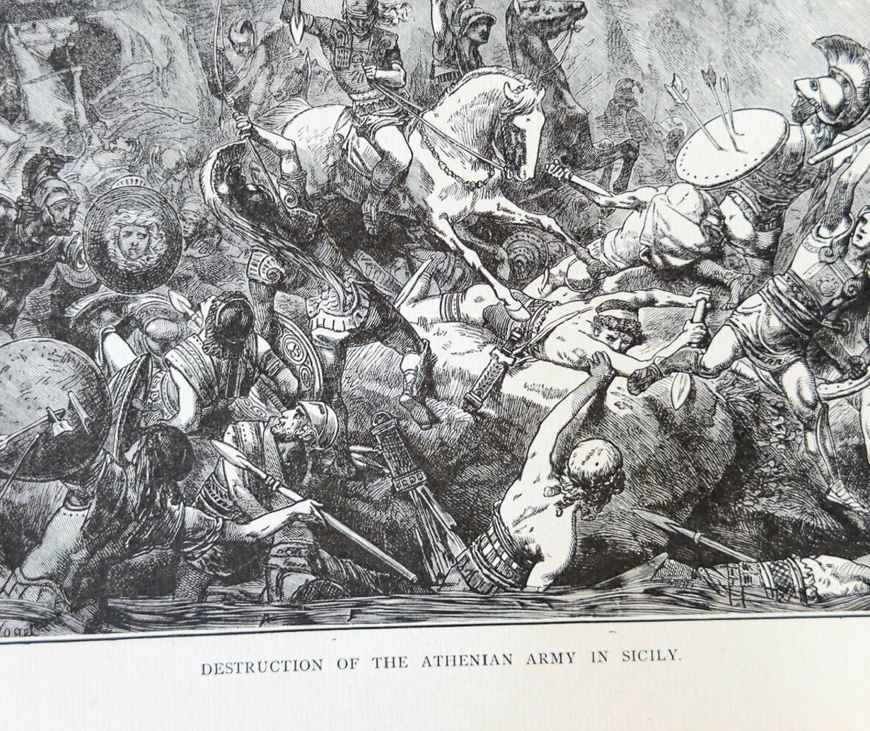 Vintage engraving of a battle scene with soldiers and weapons on a white background