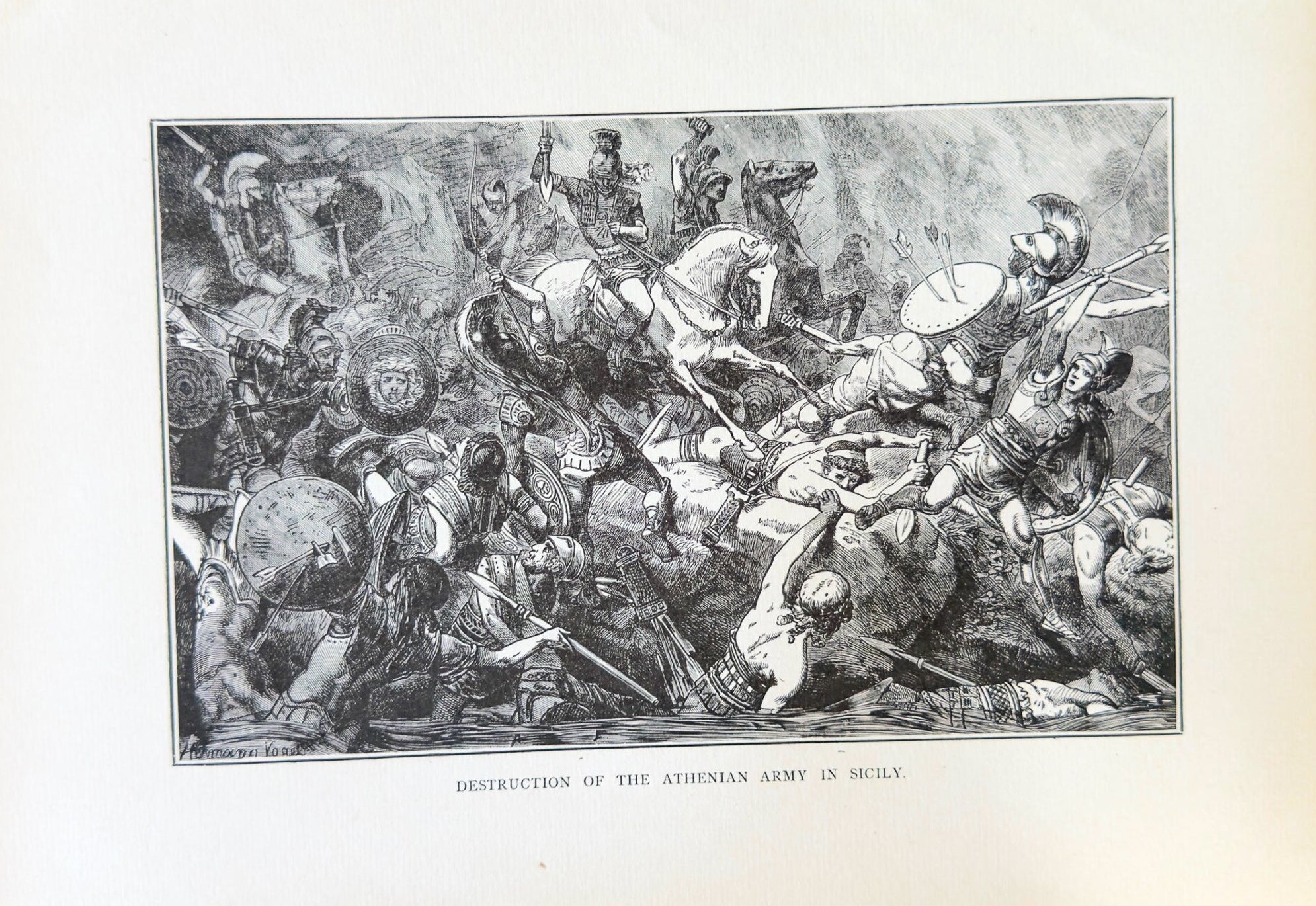 Vintage engraving of a battle scene with soldiers and weapons on a white background