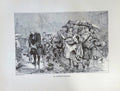 Vintage black and white illustration of a crowded street scene with people and umbrellas.