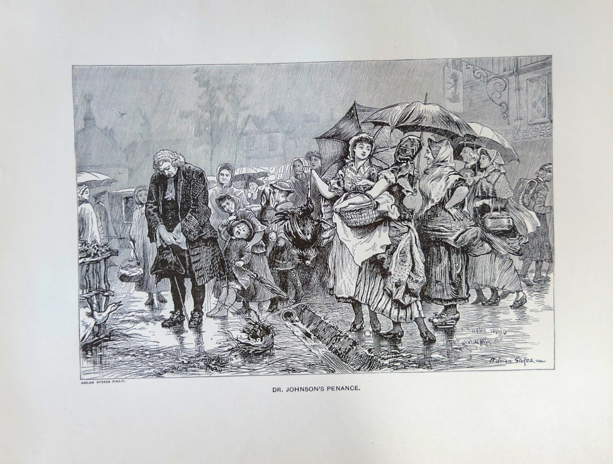 Vintage black and white illustration of a crowded street scene with people and umbrellas.