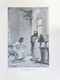Vintage engraving of a religious scene with two figures in a church setting.