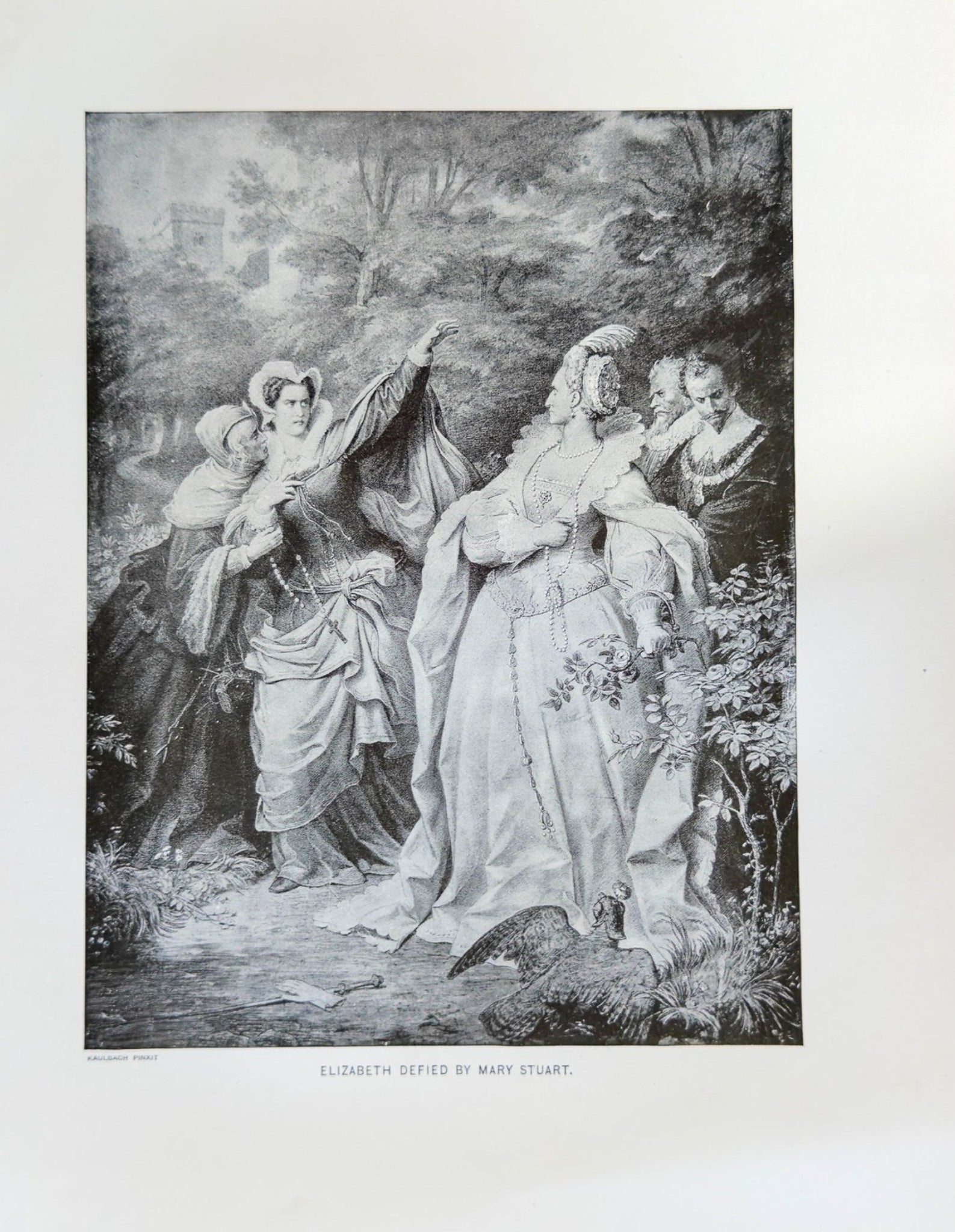 Antique 1890s Engraving “Elizabeth Defied by Mary Stuart” – Queen Elizabeth I – Kaulbach