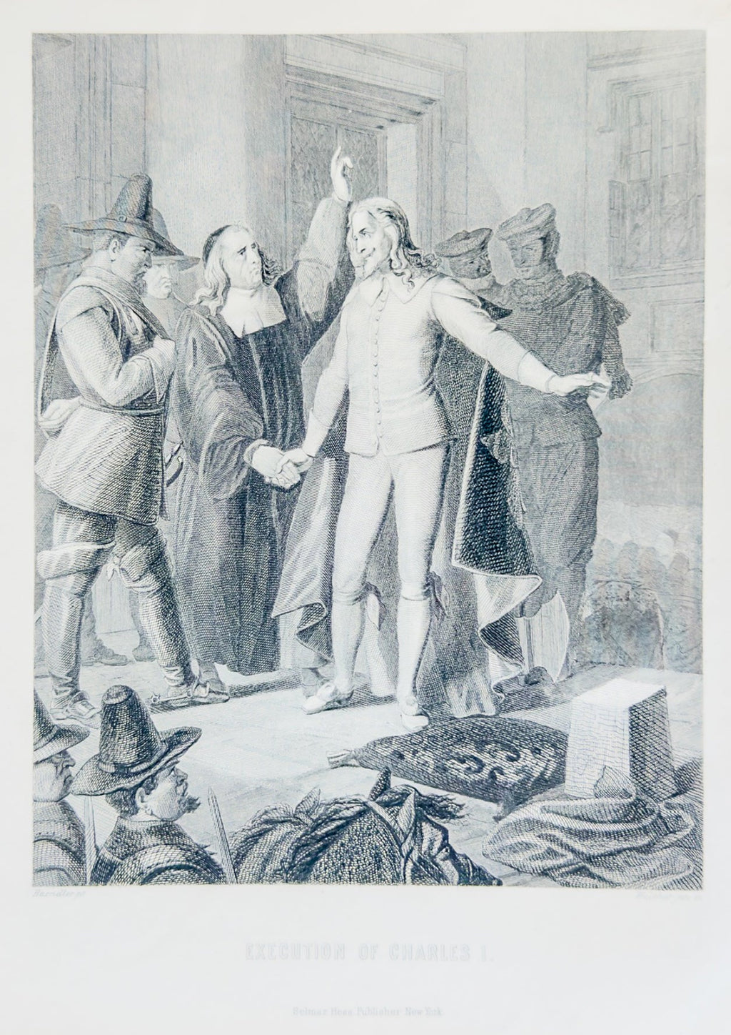 Black and white illustration of a historical scene with people in a room.
