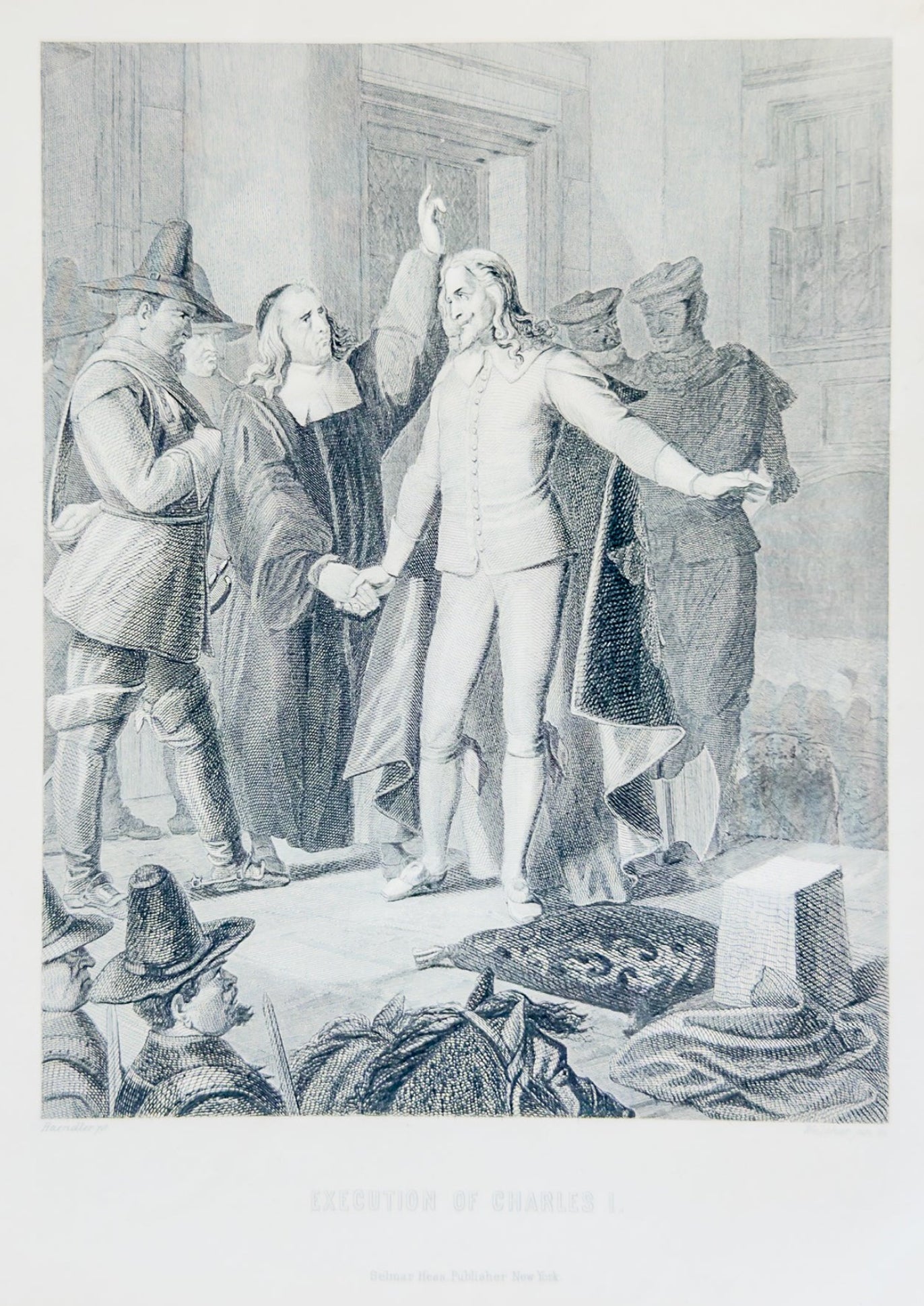 Black and white illustration of a historical scene with people in a room.