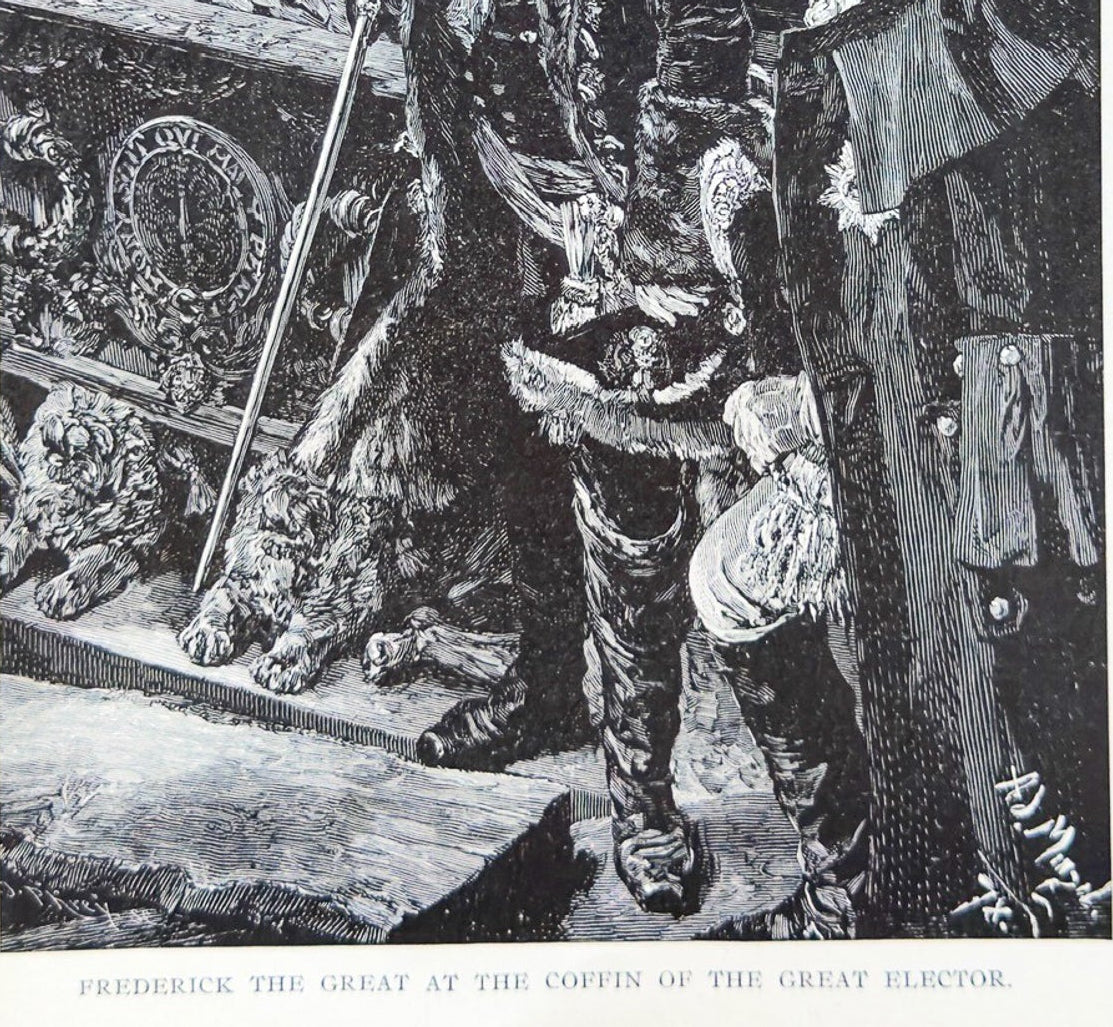 Black and white illustration of a historical scene with people around a coffin.