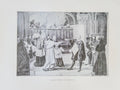Historical scene with people in formal attire in a room with architectural elements.