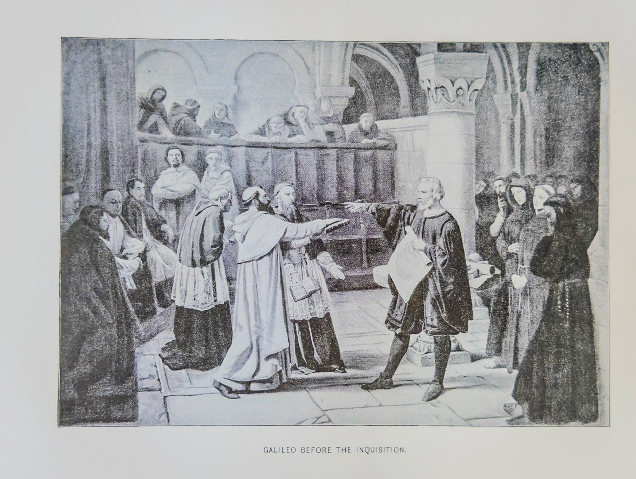 Engraving of a historical scene with people in a room, possibly a courtroom or assembly hall.
