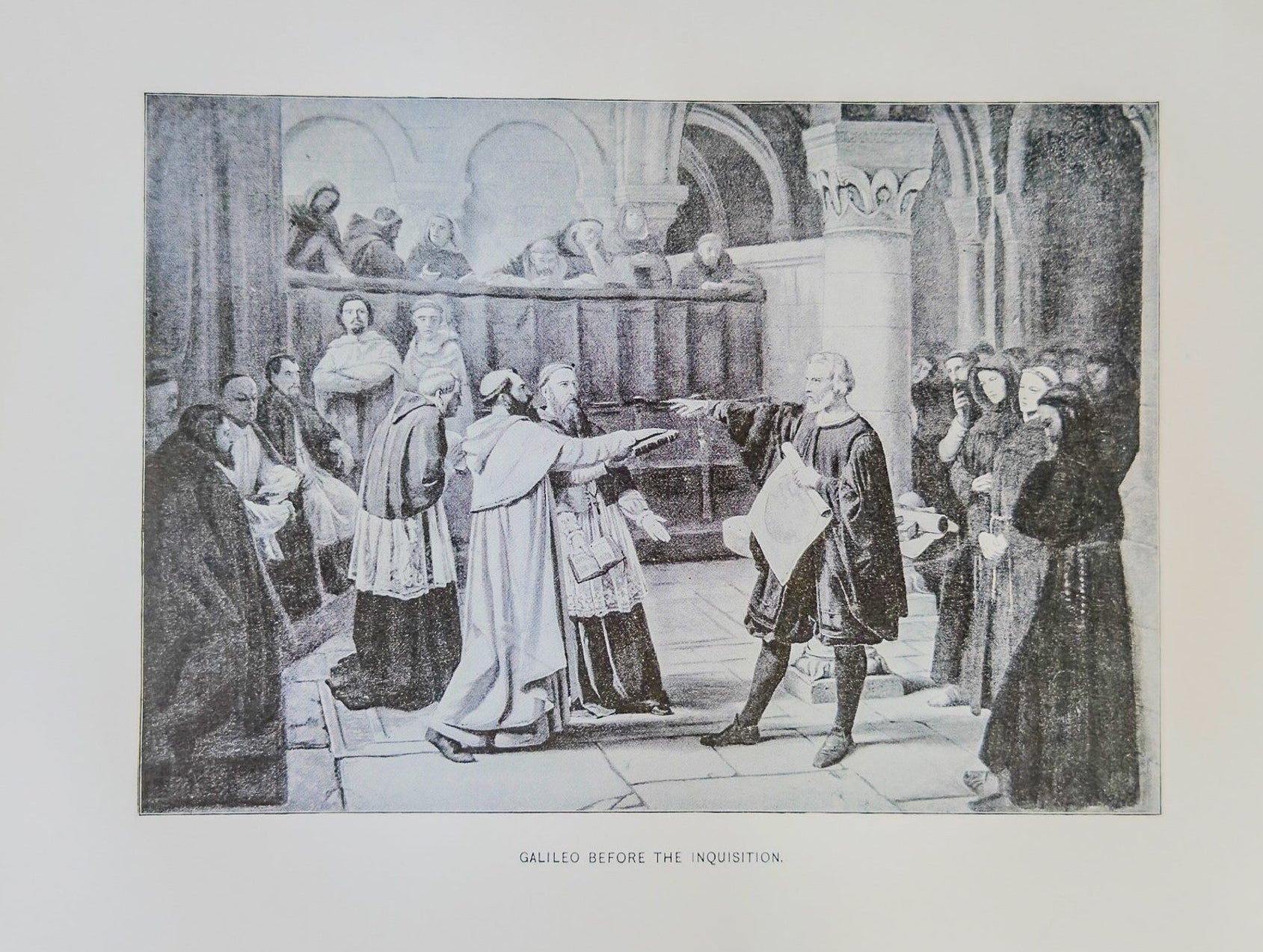 Engraving of a historical scene with people in a room, possibly a courtroom or assembly hall.