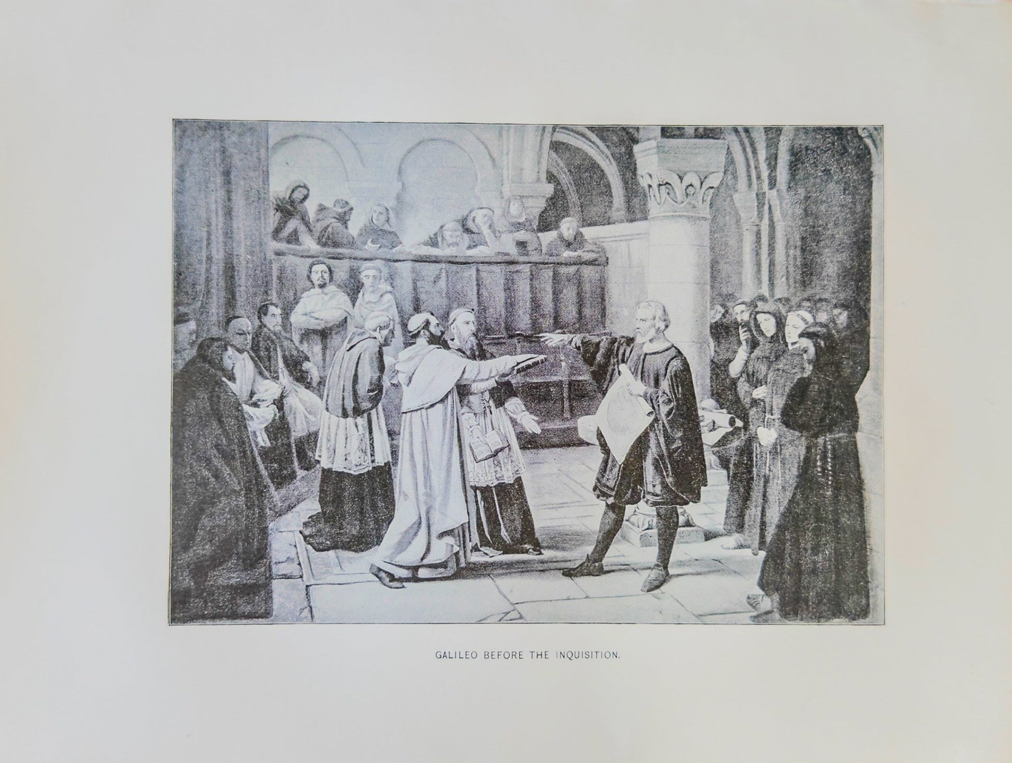 Engraving of a historical scene with people in formal attire, possibly a courtroom or assembly hall.