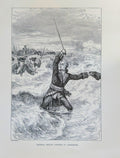 Vintage black and white illustration of a historical scene with figures in a snowy landscape.