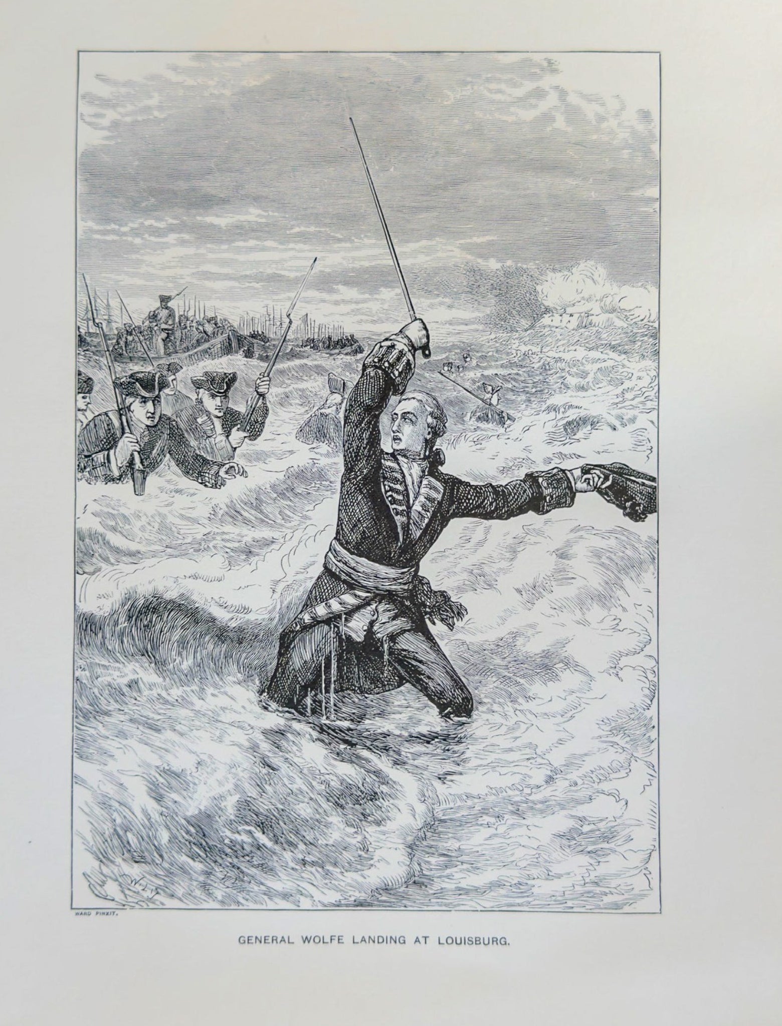 Vintage black and white illustration of a historical scene with figures in a snowy landscape.