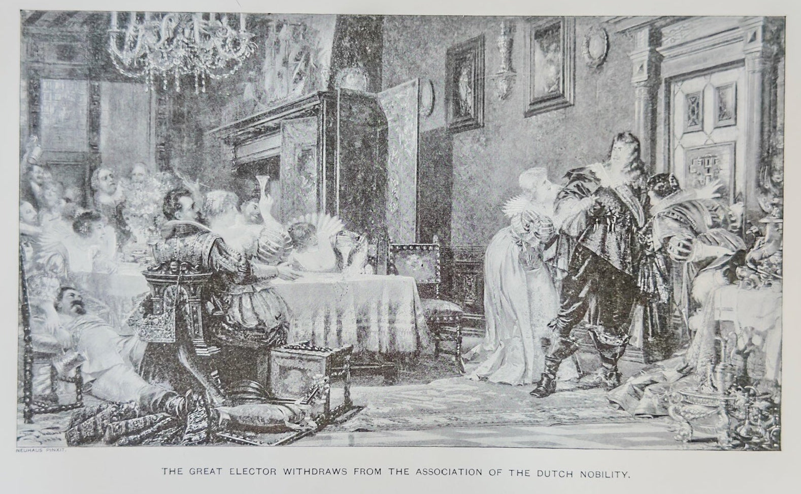 Engraving of a historical scene with people in formal attire in an indoor setting.