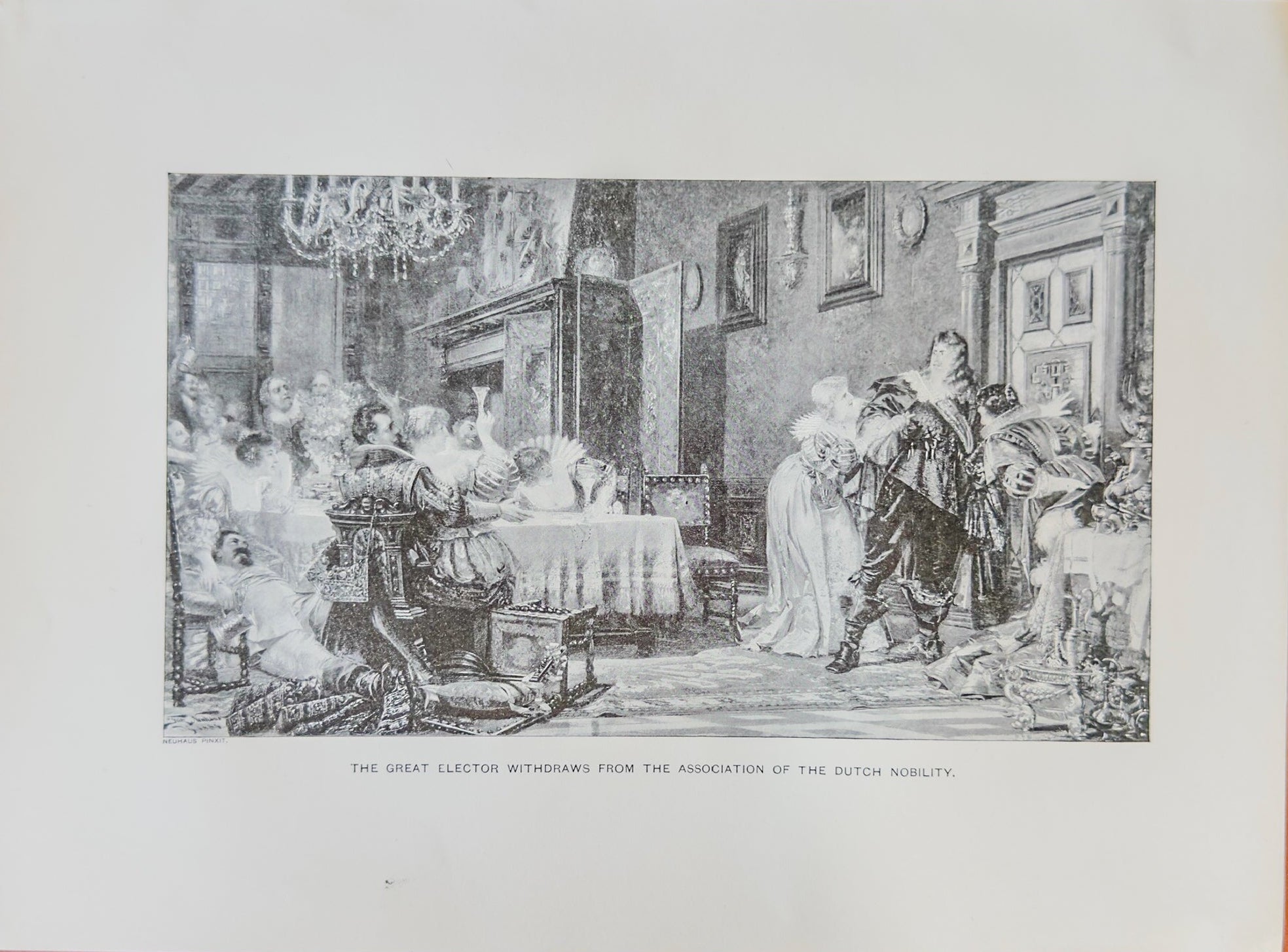 Engraving of a historical scene with people in formal attire in an indoor setting.