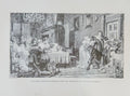 Engraving of a historical scene with people in formal attire in an indoor setting.