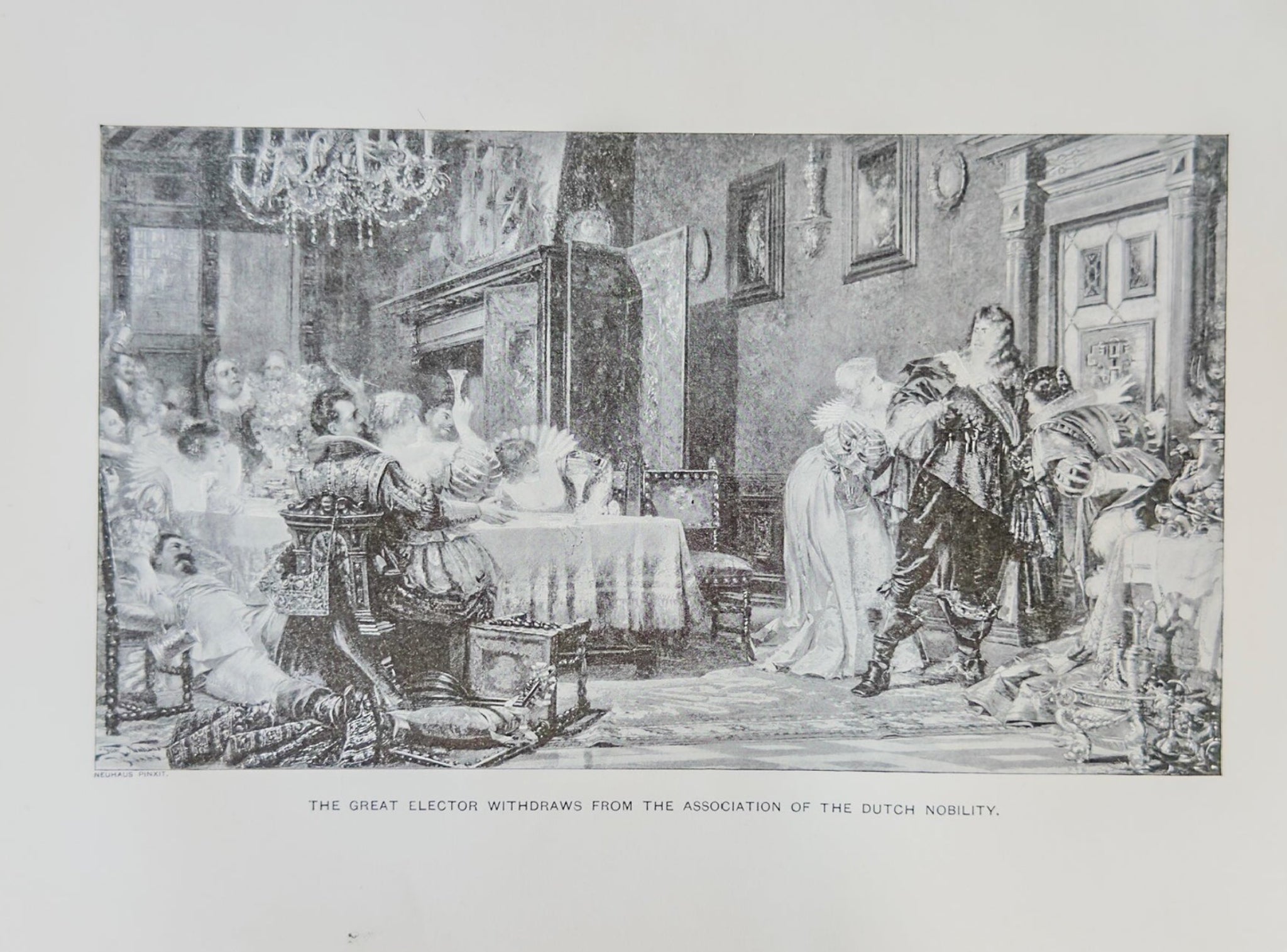 Engraving of a historical scene with people in formal attire in an indoor setting.