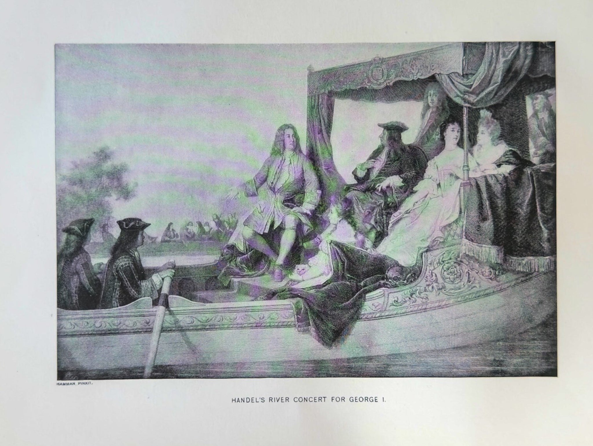 Engraving of a scene with people in a boat on a river, possibly from a historical document.