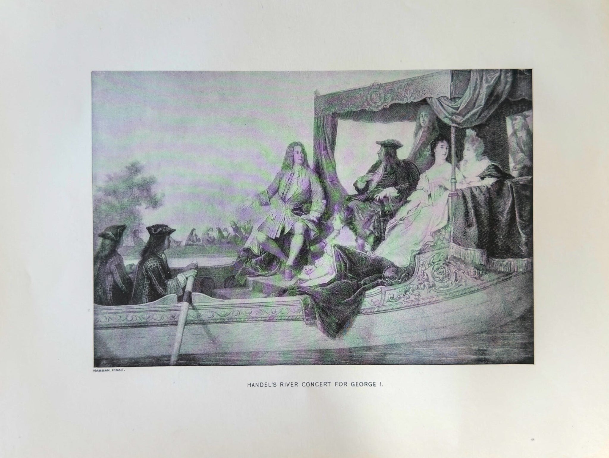 Engraving of a scene with people in a boat on a river, possibly from a historical document.