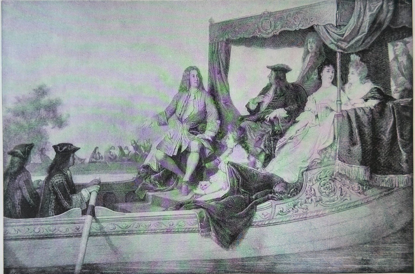 Engraving of a scene with people in a boat on a river, possibly from a historical document.