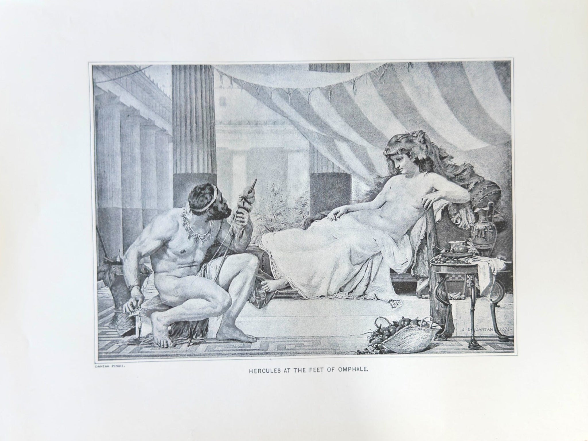 Vintage engraving of a classical scene with two figures in a room.