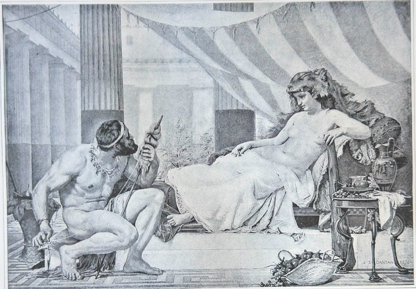 Vintage engraving of a classical scene with two figures in a room.