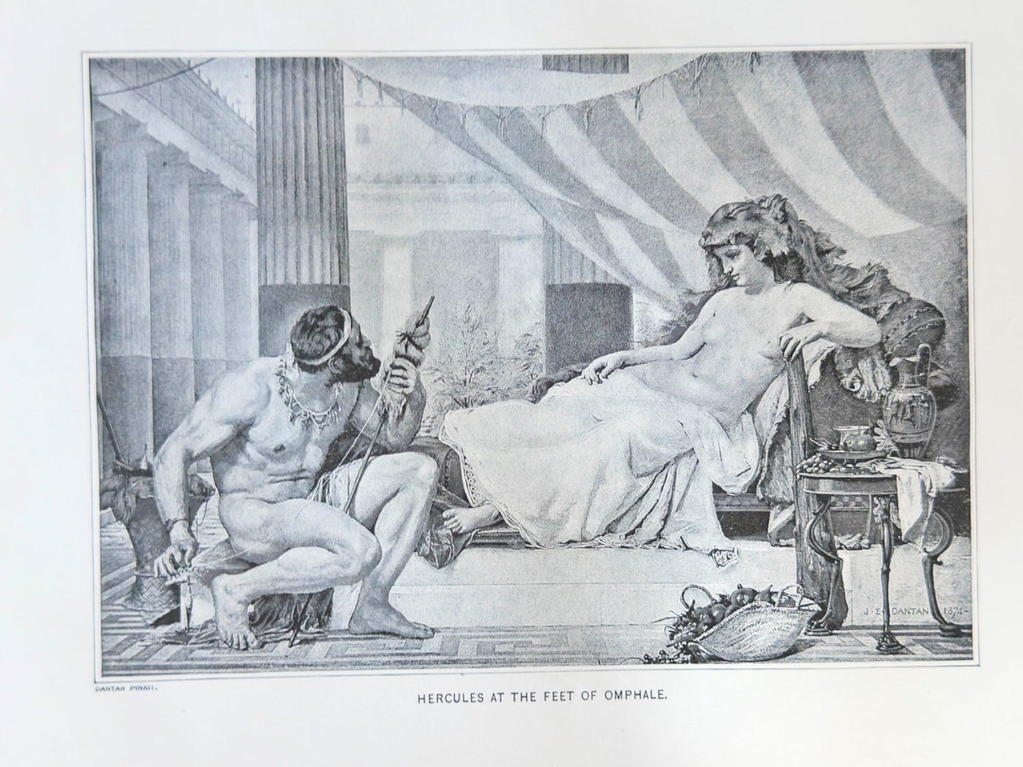 Vintage engraving of a classical scene with two figures in a room.