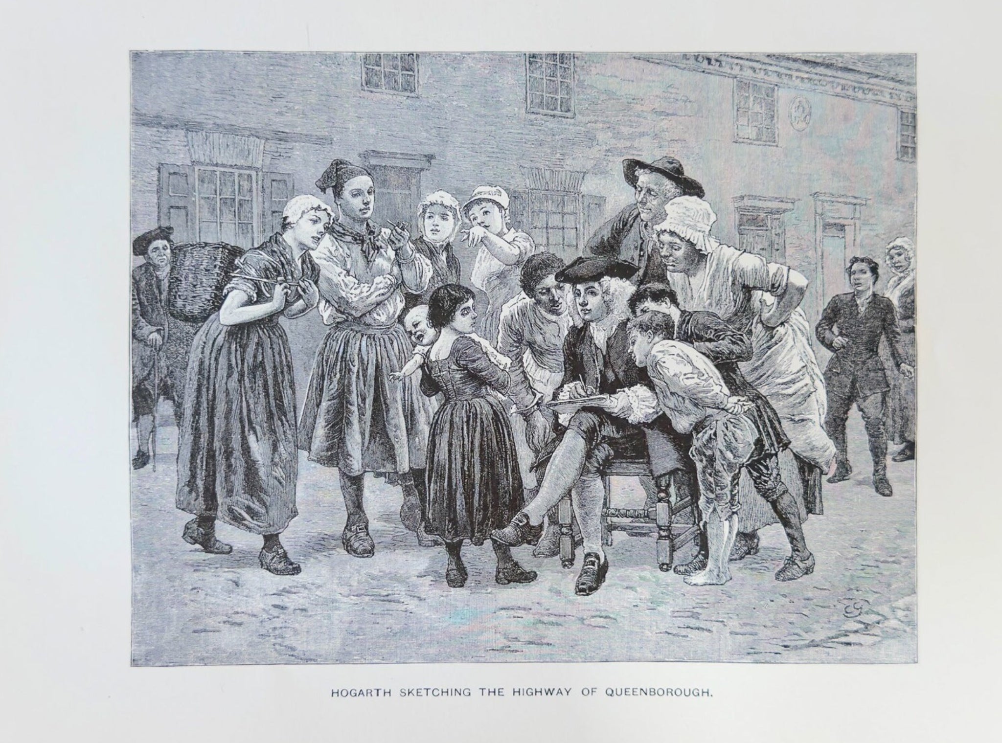 Antique 1890s Engraving “Hogarth Sketching the Highway of Queenborough” – William Hogarth Art Print – 11.5x8.5