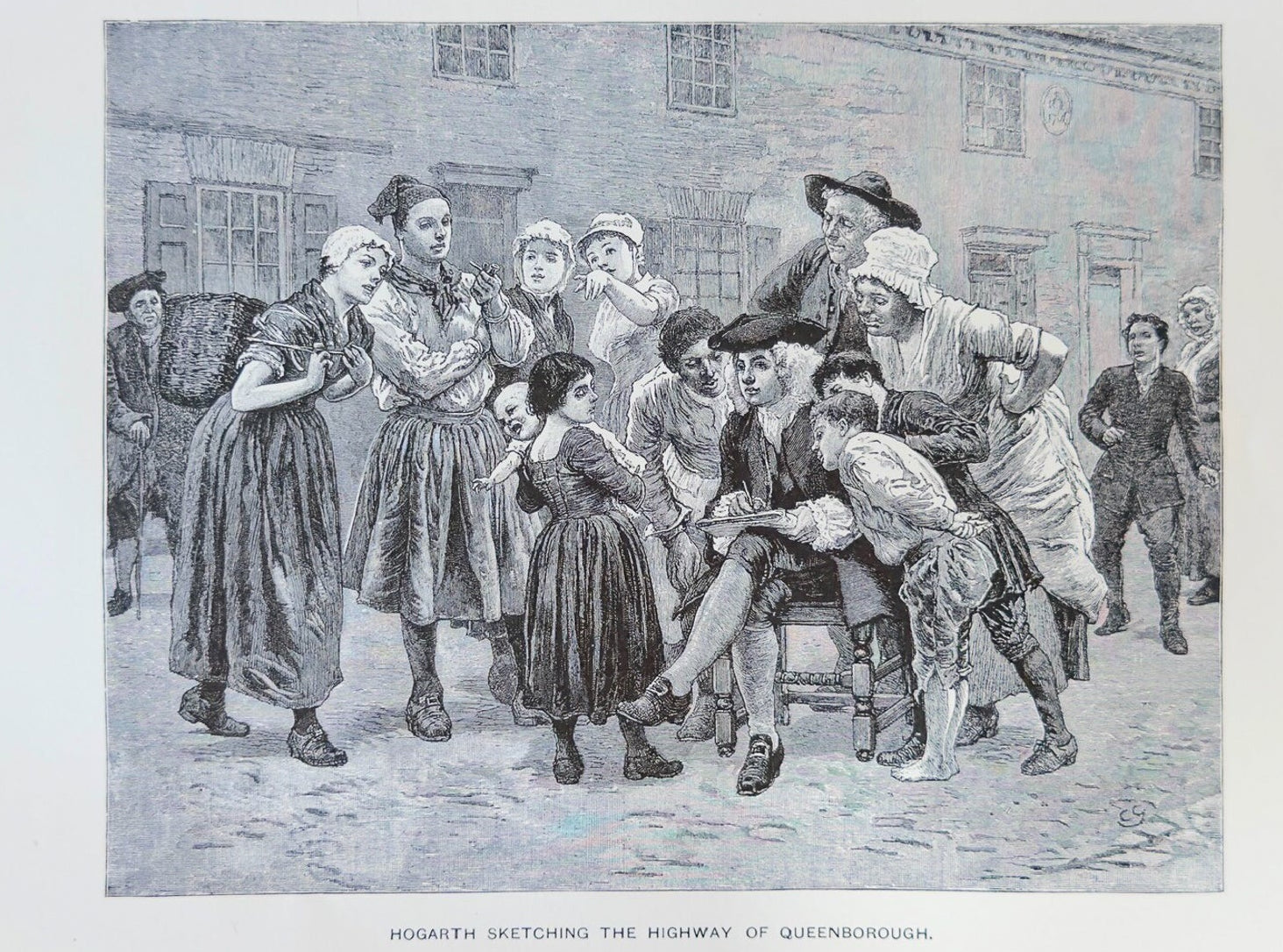 Antique 1890s Engraving “Hogarth Sketching the Highway of Queenborough” – William Hogarth Art Print – 11.5x8.5