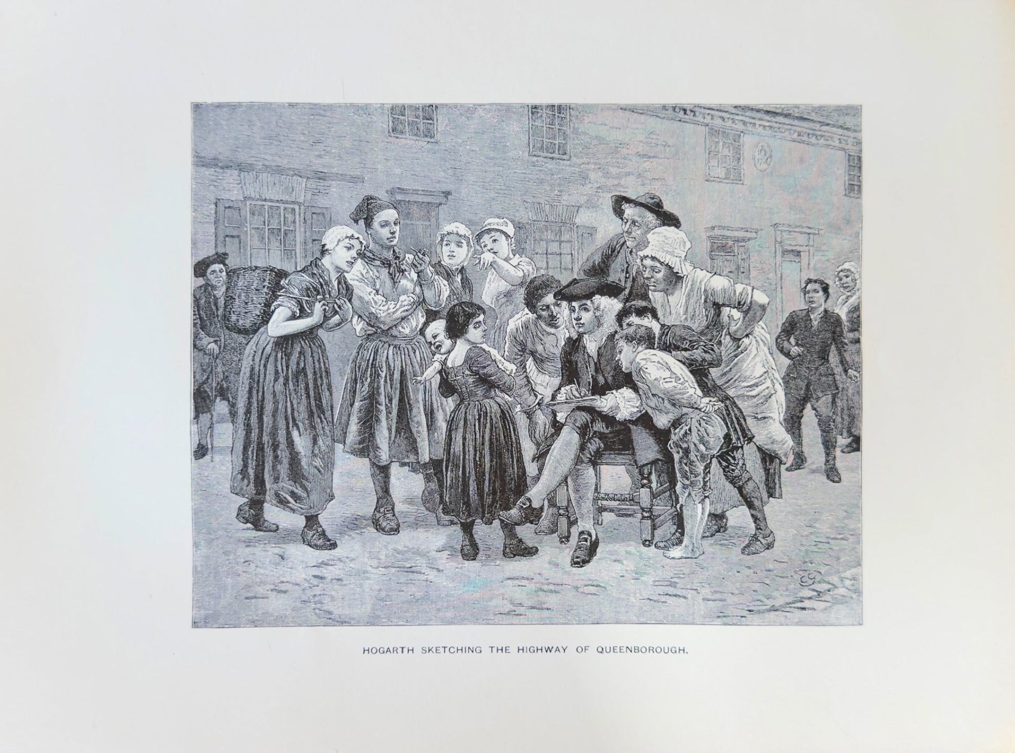 Antique 1890s Engraving “Hogarth Sketching the Highway of Queenborough” – William Hogarth Art Print – 11.5x8.5