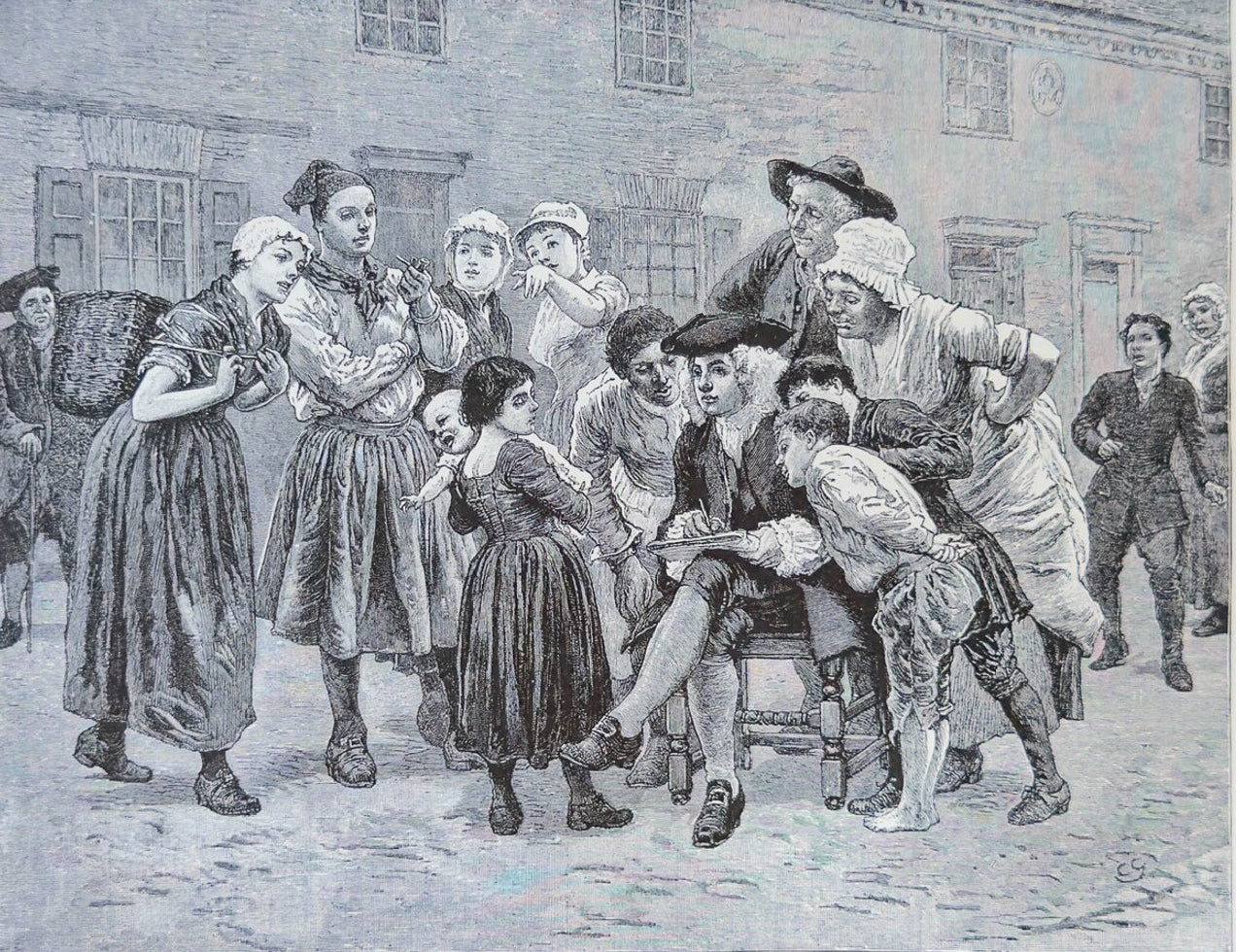 Antique 1890s Engraving “Hogarth Sketching the Highway of Queenborough” – William Hogarth Art Print – 11.5x8.5